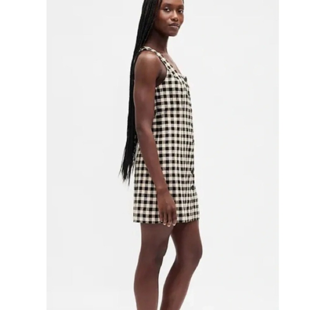 GAP Linen-Blend Button-Front Mini Dress Black Gingham Shift Size Medium - Picture 3 of 9